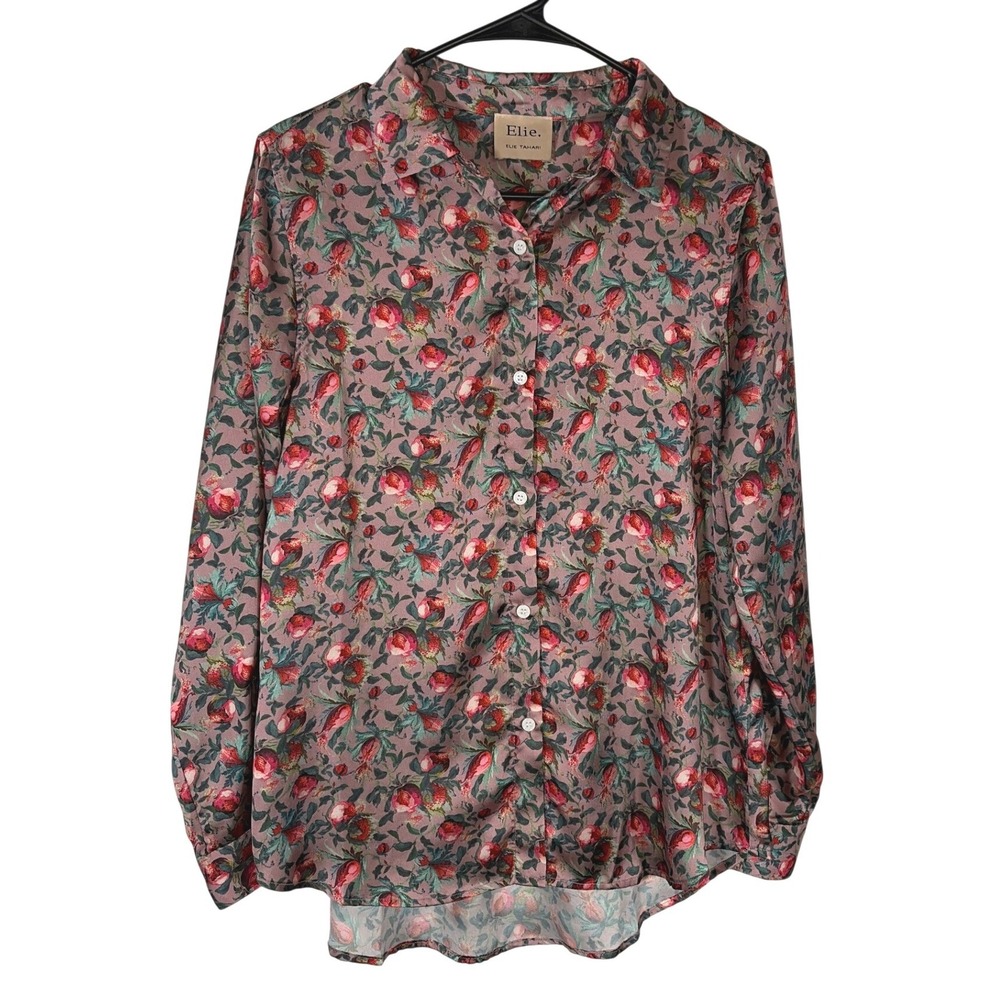 Elie Elie Tahari Womens Floral Pomegranate Button Down Blouse Pink Green Size M
